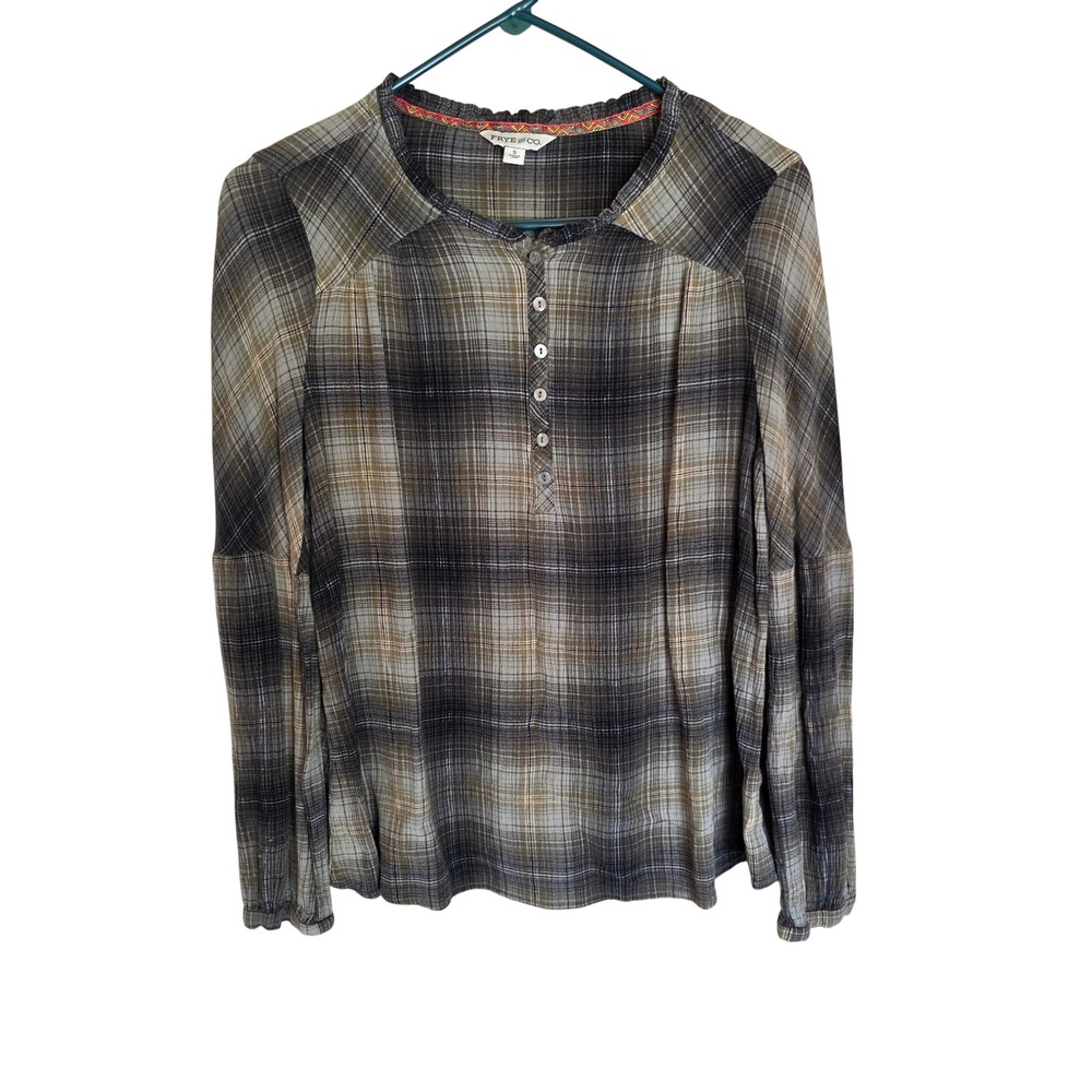 Frye & Co Womens Plaid Henley Blouse Grey Tan Long Sleeve Ruffle Neck Small